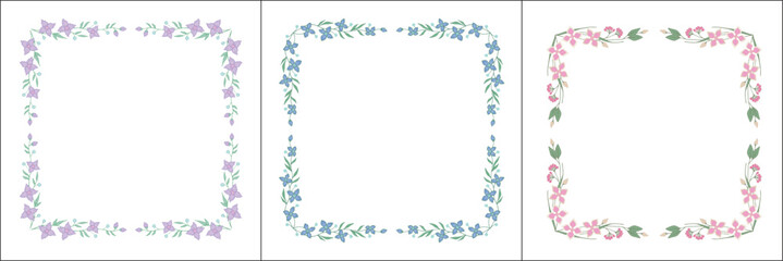 Set of three green vegetal vector frames with leaves. and flowers. Square frames. Collection with pink, blue and purple flowers. Vector frame for all sizes and formats. Isolated vector illustration.	
