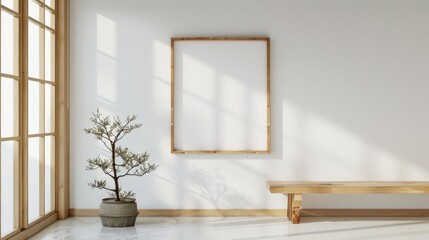 A white room with a large empty frame and a potted plant in the corner