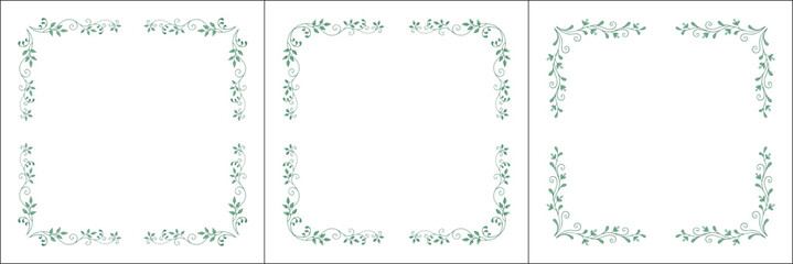 Set of three green vegetal vector frames with leaves. Vector frame for all sizes and formats. Isolated vector illustration.	
