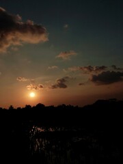 sunset over the rice fields. tree shadows and the orange light of the sun in the afternoon. a bunch of clouds hung in the evening sky. nature painting. natural orange and black. Vertical