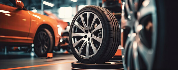 Detail on luxury tire wheel in car service center
