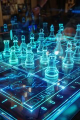 A corrupted , pieces melting and shifting, overlaid with glitching binary code, symbolizing strategic cyberwarfare