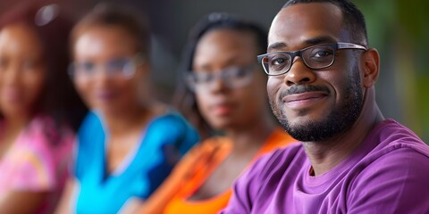 African American man in glasses leads group therapy session with confidence. Concept Confidence, Leadership, Group Therapy, African American, Glasses