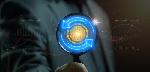 Fund financial investment management portfolio diversification, money, profit, growth business, economy, finance and success concept. Businessman showing neon line of dollar sign icon with arrow.