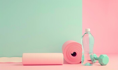 Minimalist plain pink background for product photography with just one object such as a yoga mat, dumbbells and bottle of water on the right side. fitness, exercise, healthy.
