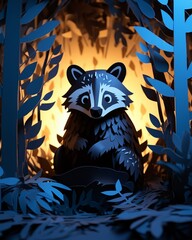 Curious raccoon peeking from a trash can, night adventurer, cheeky explorer, papercraft animal, papercut 3D style