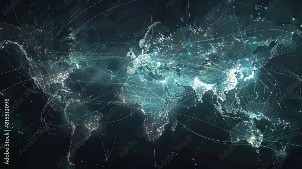Poster a global map with pulsating beams of light representing major data arteries, converging on cloud hub