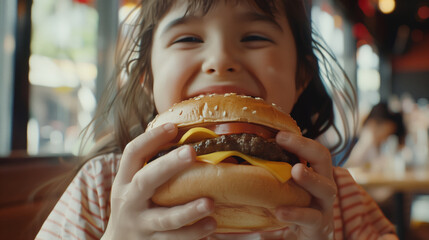 A happy little girl is holding a big cheeseburger in her hands and smiling. The concept of happiness and enjoyment