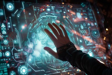 A close-up of a human hand interacting with a holographic interface, emphasizing the human element in cybersecurity, photorealistic