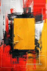 Energetic digital artwork showcases a white square frame bursting with bold red and yellow brushstrokes.