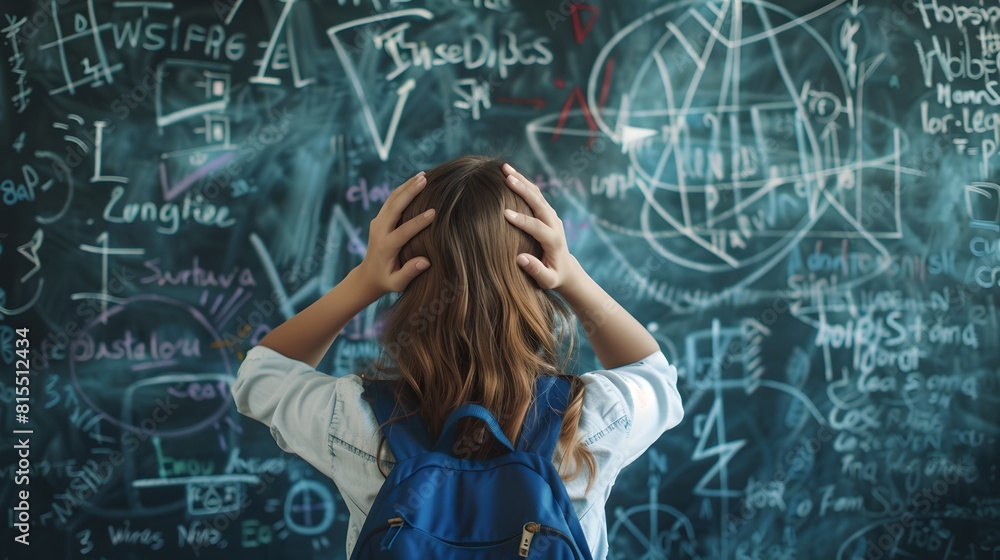 Poster overwhelmed student facing complex math problems on blackboard. frustration in learning. child's lea