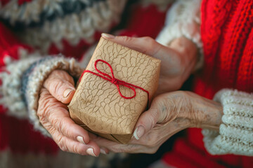 Close-up of hands of senior and young woman holding a present