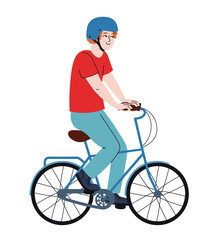 Man rides bicycle. Male person in doodle style.