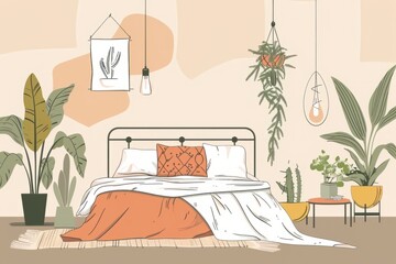 Cartoon cute doodles of minimalist bedrooms with sleek furniture, soft lighting, and potted plants for a calming atmosphere, Generative AI