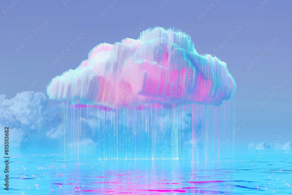 Poster a pixelated cloud dissolving into a rain of data, representing the ephemeral nature of cloud storage