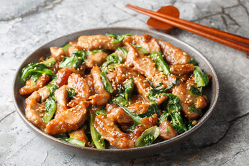 Roasted sliced pork tenderloin with romaine lettuce, sesame and garlic in a sweet spicy sauce...