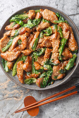 Pork tenderloin and Romaine Stir-Fry with soy sauce, sesame seeds closeup on the plate on the table. Vertical top view from above