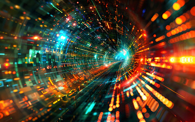 Exploring the high-tech world of cyber data tunnels: a futuristic network of glowing lights and vibrant colors transmitting digital abstract binary code and virtual reality in the fast-paced cyberspac