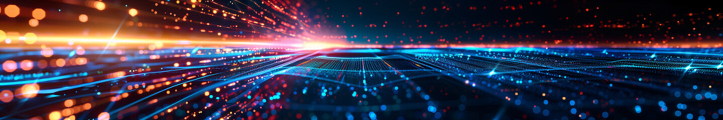 Digital landscape depicting fast internet data connection with glowing particles and light streaks representing network communication technology