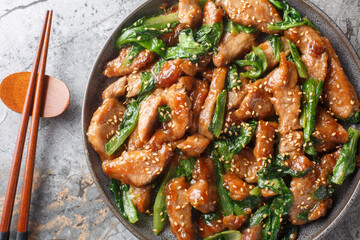 Asian stir-fried pork with romaine lettuce, sesame and garlic in a sweet spicy sauce close-up in a...