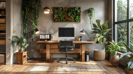 a home office with a standing desk and natural wood furniture