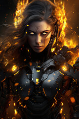 Beautiful woman cybork or robot with fash yellow lights on armor.