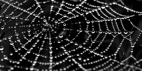 Realistic Black And White Spider Web With Dewdrops In The Style, 
