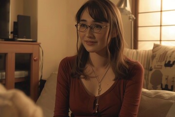 A candid conversation unfolds during a documentary interview with a woman in a sleek, modern home environment.