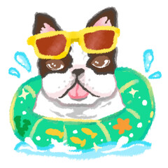 海で浮き輪に乗って遊ぶフレンチブルドッグ