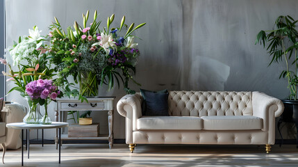 Modern interior design in a spacious room next to a table with flowers against a gray wallBright spacious room with a comfortable sofa plants and elegant accessories : Generative AI