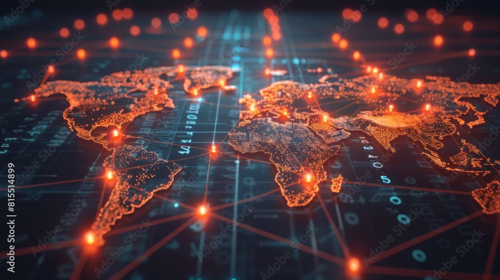 Poster a global map with pulsating beams of light representing major data arteries, converging on cloud hub