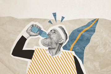 Composite photo collage of old man athlete after jogging thirst drink water bottle cardio exercise...