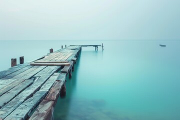 Obraz premium A weathered wooden pier extending into turquoise waters, disappearing into the hazy sunset