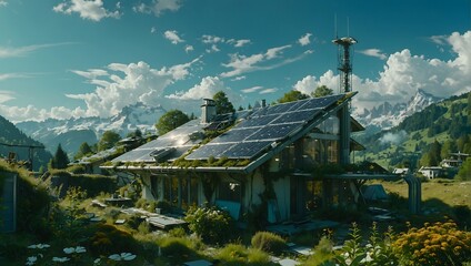 Naklejka premium Beautiful Solar Pannel upper on a house with contrast sky ai generated image