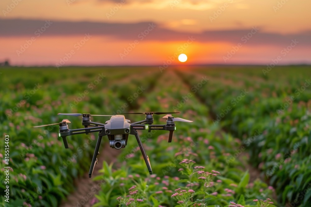 Poster bluetooth farming operations utilize high tech smart connected crop management drones in agricultura