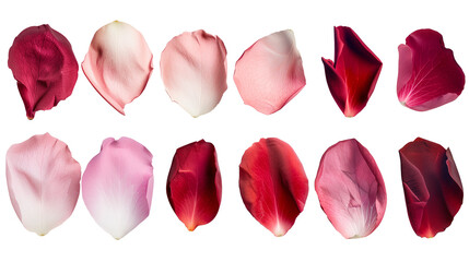 Set of rose petals in various shades from soft pink to deep red, showcasing texture and natural gradient
