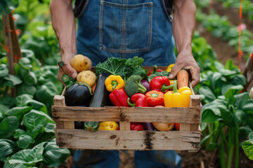 farmer holding wooden box full of fresh vegetables.