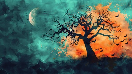 Spooky tree flat design, top view, Halloween theme, water color, Complementary Color Scheme