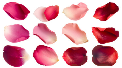 Set of rose petals in various shades from soft pink to deep red, showcasing texture and natural gradient