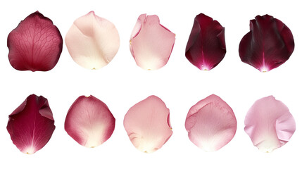 Set of rose petals in various shades from soft pink to deep red, showcasing texture and natural gradient