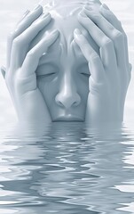 A grayscale portrait of a person with hands on head, half-submerged in water.