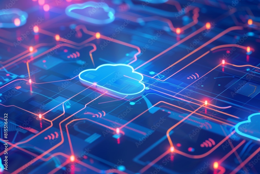 Poster Blueprint-style flowchart representing cloud data migration, servers, storage, and network components connected by directional arrows