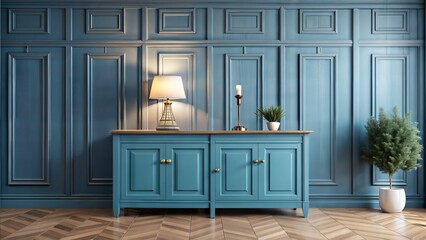 minimalist Blue painted wood retro cabinet near wainscoting wall. Vintage classic home interior...