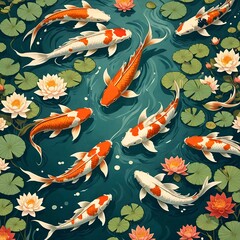 A painting of vibrant koi fish moving gracefully in a pond alongside lotus blossoms.
