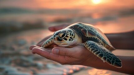 Caring hands gently cradling a majestic sea turtle against the backdrop of a vibrant sunset on a serene beach. Conservation and admiration for marine life in the tranquil beauty of nature's embrace.