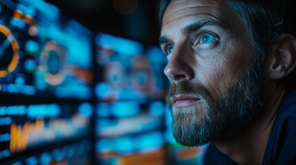 Focused young male financial analyst studying multiple data screens with intense concentration in a contemporary office setting. Stock trading and investment analysis concept.