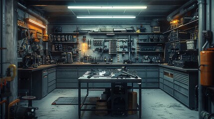 A concrete Underground weapons storage, In the middle is a long table, surrounded by cabinets, Clean and tidy room, A high-tech workshop with tools and equipment. Generative AI.