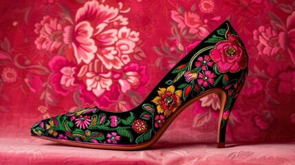 A pair of black high heels with pink roses painted on them.

