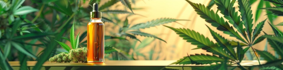 A mariana CBD oil hemp bottle on a podium cannabis leaf with podium platform generated by ai.