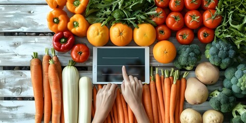 Nutrition expert showcasing variety of healthy produce with tablet for wellness. Concept Healthy Eating, Nutrition Education, Fresh Produce, Wellness Tips, Tablet Technology